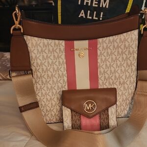 Michael Kors Crossbody Bag Set Brown and Pink Monogram and Leather Trim